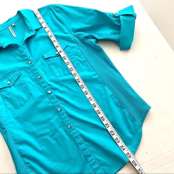 Blue Cotton Button Down Shirt Sz Large Stretch Casual Minimalist Modest - Picture 12 of 13